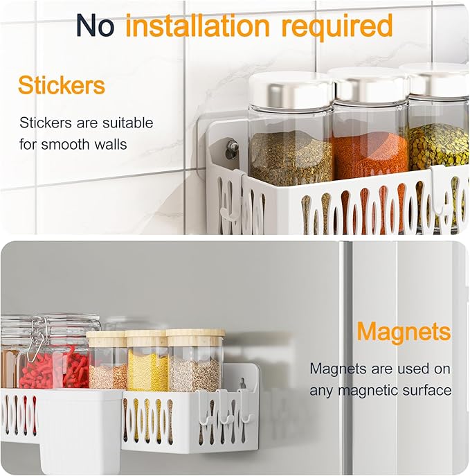 Sevenblue 4 Pack Large Magnetic Spice Rack for Refrigerator, Spice Rack Organizer, Moveable Magnetic Shelf Fridge Organizer with 4 Hooks for Kitchen and Oven Organization, White - Image 3