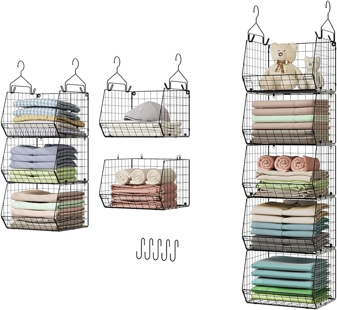 5 Tier Closet Hanging Organizer, Clothes Hanging Shelves with 4 Hanging Hooks 5 S Hooks, Wire Storage Basket Bins, for Clothing Sweaters Shoes Handbags Clutches Accessories Patent Design by X-cosrack