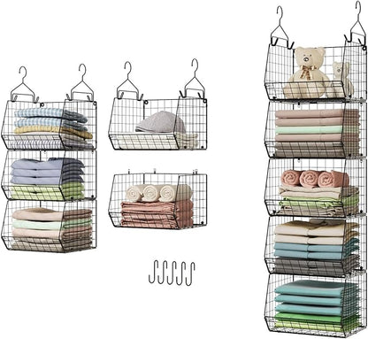 5 Tier Closet Hanging Organizer, Clothes Hanging Shelves with 4 Hanging Hooks 5 S Hooks, Wire Storage Basket Bins, for Clothing Sweaters Shoes Handbags Clutches Accessories Patent Design by X-cosrack