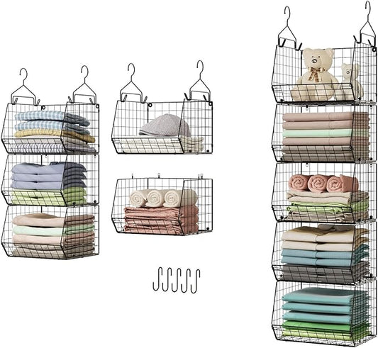 5 Tier Closet Hanging Organizer, Clothes Hanging Shelves with 4 Hanging Hooks 5 S Hooks, Wire Storage Basket Bins, for Clothing Sweaters Shoes Handbags Clutches Accessories Patent Design by X-cosrack