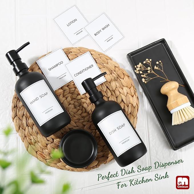 GMISUN Kitchen Soap Dispenser Set, 17 fl oz Dish Soap Dispenser with Ceramic Tray & Bamboo Brush for Kitchen, 2Pcs Matte Black Glass Hand and Dish Soap Dispenser Set, Refillable Soap Bottle Set - Image 6