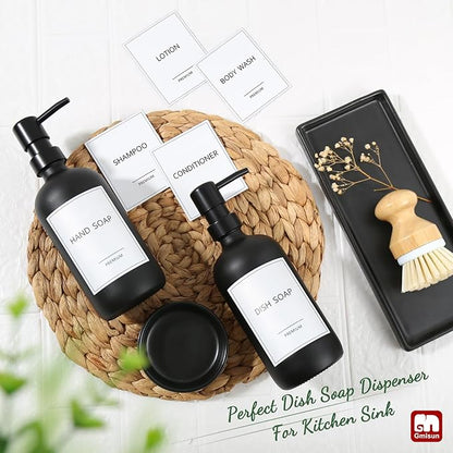 GMISUN Kitchen Soap Dispenser Set, 17 fl oz Dish Soap Dispenser with Ceramic Tray & Bamboo Brush for Kitchen, 2Pcs Matte Black Glass Hand and Dish Soap Dispenser Set, Refillable Soap Bottle Set - Image 6