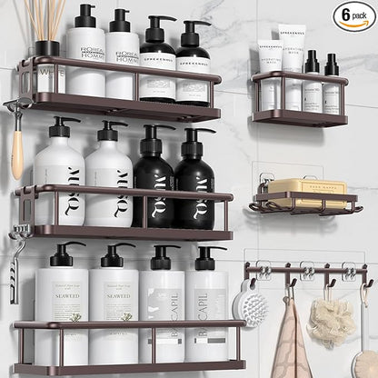 YASONIC Shower Caddy, 6 Pack Large Capacity shower Organizer with Soap Holder and 12 Hooks, Rustproof Shelves for Inside Shower, No Drilling&Sleek Bathroom Organizers and Storage Bronze XL by YASONIC