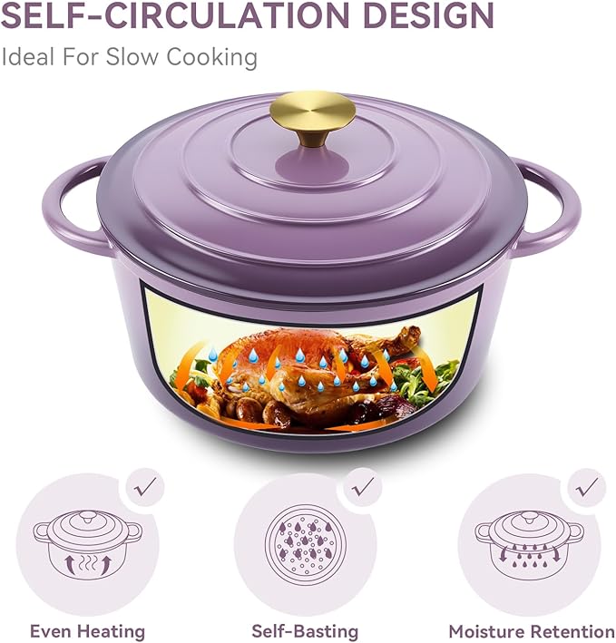 Miereirl 4.5 Quart Enameled Dutch Oven Pot with Lid, Cast Iron Dutch Oven with Dual Handles for Bread Baking, Cooking, Non-stick Enamel Coated Cookware, Purple - Image 5