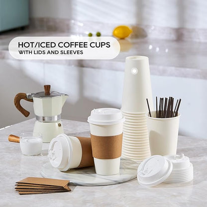 JOLLY PARTY [50 Pack] 16 oz Paper Coffee Cups, Disposable Paper Coffee Cup with Lids, Sleeves, and Stirrers, Hot/Cold Beverage Drinking Cup for Water, Juice or Tea, Suitable for Home, Shops and Cafes - Image 7