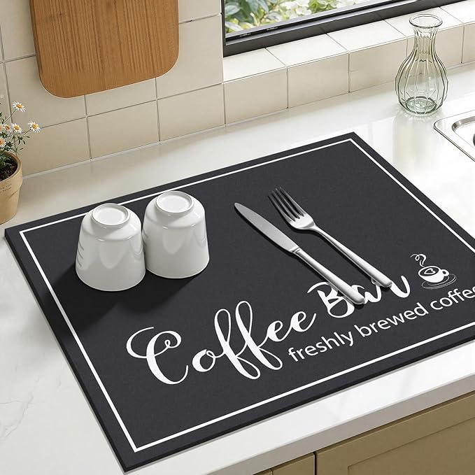 Findosom Dish Drying Mat, 16" x 18" Super Absorbent & Hide Stain Coffee Mat, Cuttable Drying Mat for Kitchen Counter, Coffee Bar Accessories, Under Dish Rack, Coffee Maker, Espresso Machine, Black - Image 4