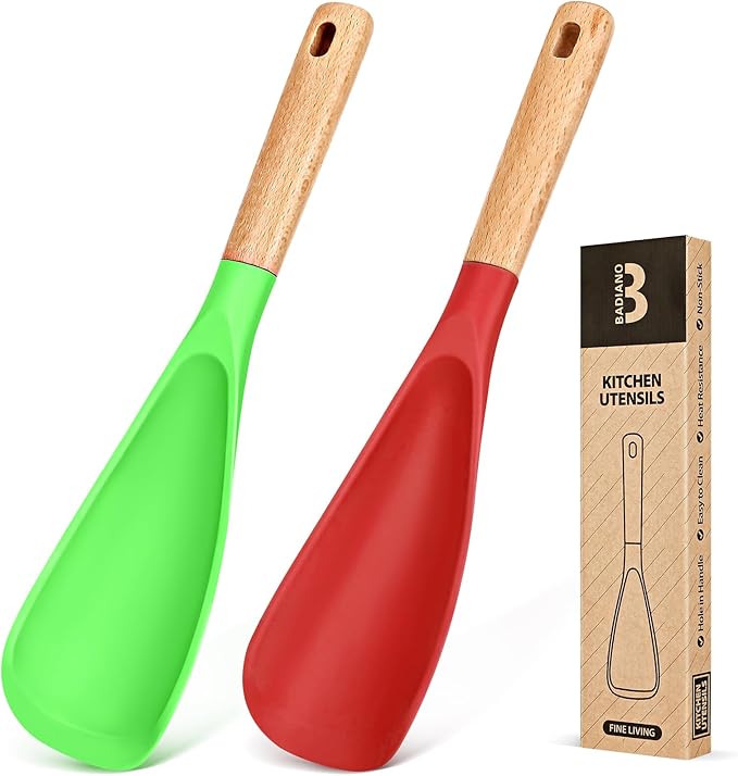 Cooking Spoon for Nonstick Cookwares, Great for Cooking and Serving Sturdy BPA-Free Matte Silicone, Wood Handle Spoon for Mixing, Scoop, and Scrape (AGR, 11.4 inch) by BADIANO