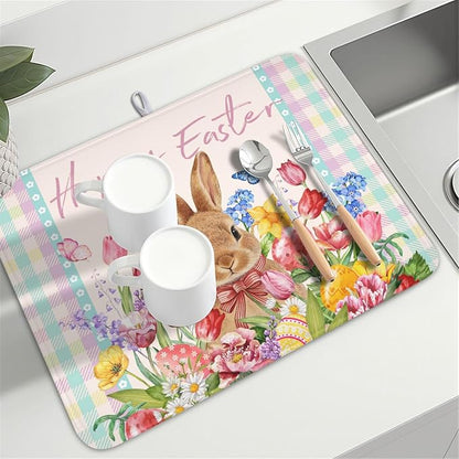 Easter Bunny Dish Drying Mat for Kitchen Counter Happy Easter Rabbit Floral Colorful Buffalo Plaid Microfiber Dish Drainer Mat Absorbent Washable Drying Pad Extra Large 18"x24"