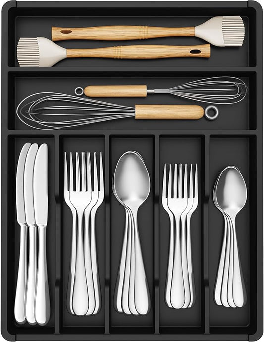 Lifewit Silverware Drawer Organizer Tray, Plastic Cutlery Storage for Kitchen, Flatware and Utensil Holder Divider for Spoons Forks Knives Tableware, 12.3 x 16", 7 Slots, Black by Lifewit