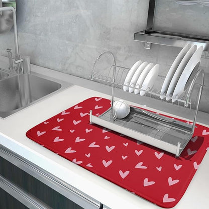 Valentines Dish Drying Mat for Kitchen Counter 18x24 Inch Valentine's Day Red Pink Love Heart Print Absorbent Reversible Microfiber Drying Mats Kitchen Countertop Protector Dishes Drainer Rack Pad - Image 5