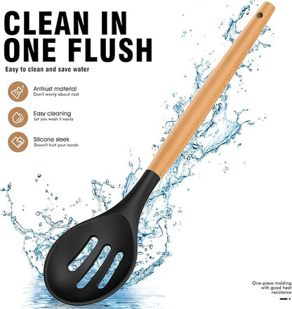Silicone Cooking Utensils Set - AVGPD Silicone Kitchen Utensils for Cooking Wooden Handles, 446°F Heat Resistant Kitchen Utensil Spatula Sets, Gadgets for Non-Stick Cookware BPA FREE (Black) - Image 6