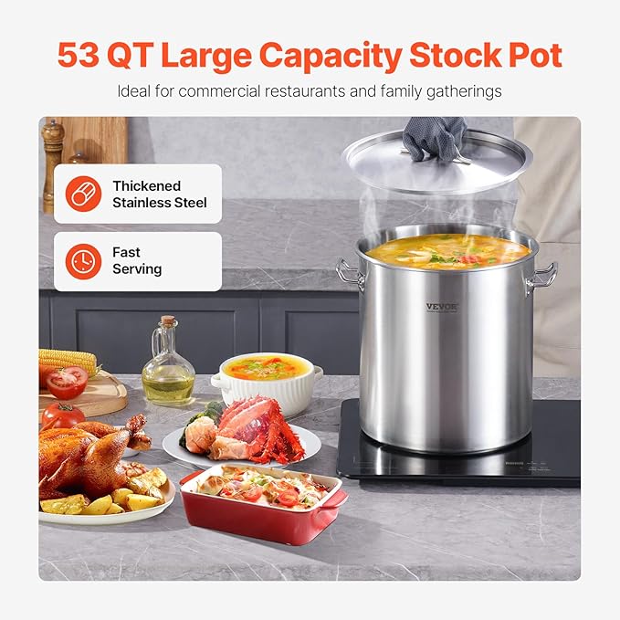 VEVOR Stainless Steel Stockpot, 53 Quart Large Cooking Pots, Cookware Sauce Pot with Lid, and Handle, Heavy Duty Commercial Grade Stock Pot, Sanding Treatment, for Large Groups Events Silver - Image 2
