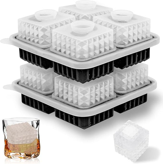 2-Inch Whiskey Ice Cubes Mold,2 Pack Silicone Ice Cube Trays with Lid, Diamond Textured Large Square Ice Cube Mold,Bourbon Ice Cube Molds,Ice Tray-Ice Molds for Whiskey,Cocktails,Old Fashioned