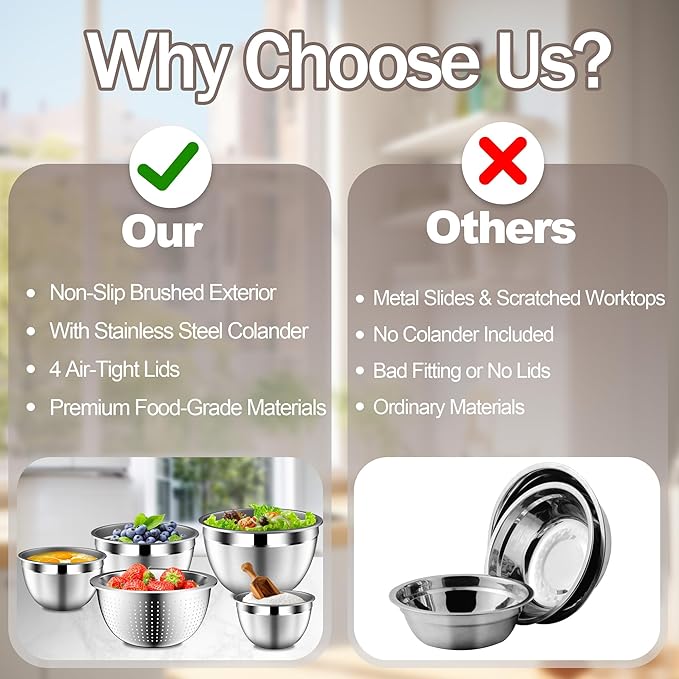 DUTZUN Stainles Steel Mixing Bowls with Lids Set, Stackable Metal Mixing & Serving Bowl with Strainer, 5-Piece - Beige - Image 3