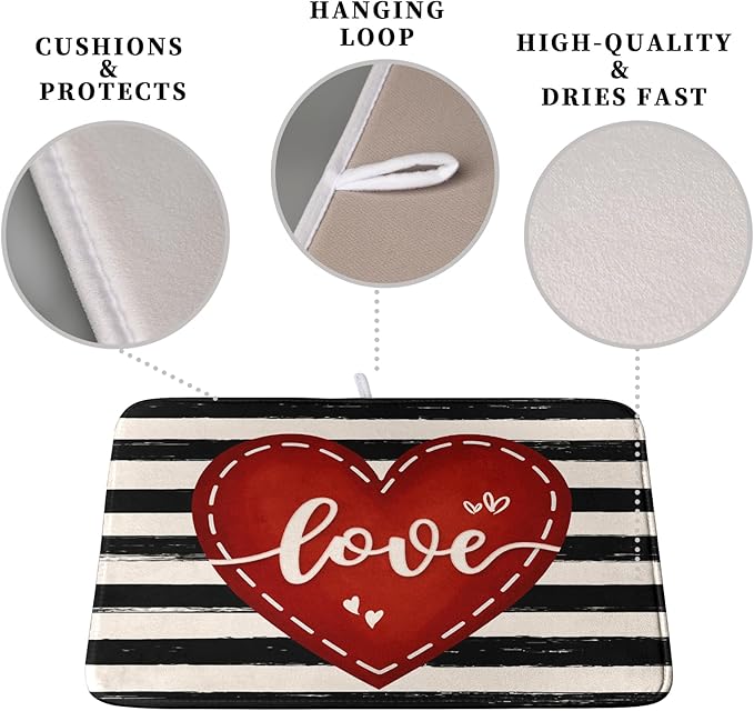 Valentine's Day Dish Drying Mat for Kitchen Counter 16x18 Black White Stripes Red Love Heart Dishes Drainer Mats Absorbent Dish Pad Large Dish Draining Mat for Coffee Bar - Image 3