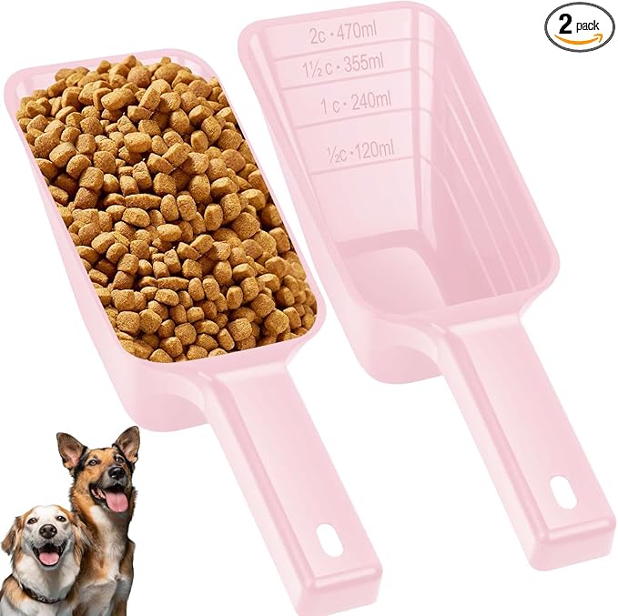 2 Cup Dog Food Scoop(2 Pack), Plastic Pet Food Scoop with Measuring Lines for Accurate Pet Food Portions,Dishwasher Safe (Pink) by Aosnare