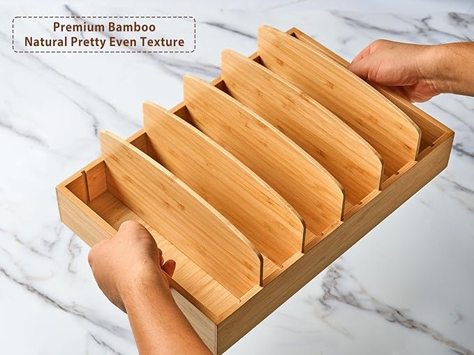 Umilife Extra Large Kitchen Cabinet & Drawer Organizer, Bamboo Lid Holder with 5 Tall Adjustable Dividers, Pantry Organization and Storage for Food Container Lid - Image 3