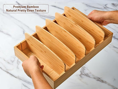 Umilife Extra Large Kitchen Cabinet & Drawer Organizer, Bamboo Lid Holder with 5 Tall Adjustable Dividers, Pantry Organization and Storage for Food Container Lid - Image 3