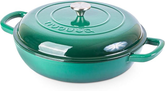 Shallow Cast Iron Casserole with Lid – Non Stick Dutch Oven Pot, Oven Safe up to 500° F – Sturdy Ovenproof Stockpot Cookware – Enamelled Cooking Pot – Dark Green, 5-Quart, 32cm – by Nuovva