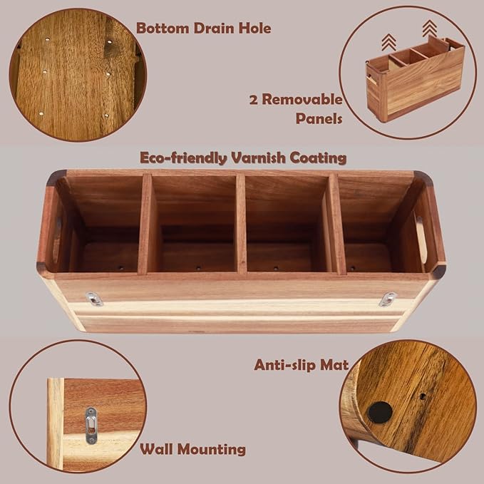Wooden Kitchen Utensil Holder for Countertop - Extra Large Utensil Organizer for Storage Cooking and Silverware with 4 Compartment, Rustic Acacia Wood Container - Image 5