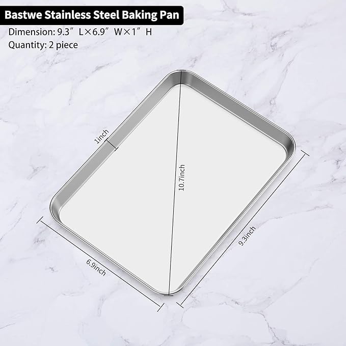 Baking Sheets 2 Pieces, Bastwe Stainless Steel Baking Pan Tray Cookie Sheet, Rectangle Size 9 X 7 X 1 inch, Healthy & Non Toxic, Rust Free & Mirror Finish, Easy Clean & Dishwasher Safe - Image 5