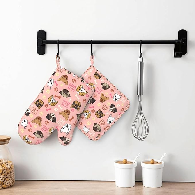 Cute Dog Oven Mitts and Pot Holders Set, Puppy Kitchen Accessories Heat Resistant to 500°F, Non-Slip Silicone Grips for Baking, Cooking, Grilling, BBQ - Gift for Dog Lovers