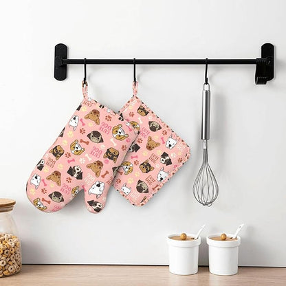 Cute Dog Oven Mitts and Pot Holders Set, Puppy Kitchen Accessories Heat Resistant to 500°F, Non-Slip Silicone Grips for Baking, Cooking, Grilling, BBQ - Gift for Dog Lovers