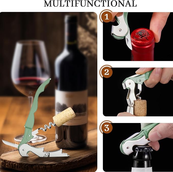 HYZ 2-Pack Wine Opener Waiter Corkscrew, Professional Wine Key for Servers, Bartender with Foil Cutter, Manual Wine Bottle Opener Double Hinged (Army Green) - Image 6
