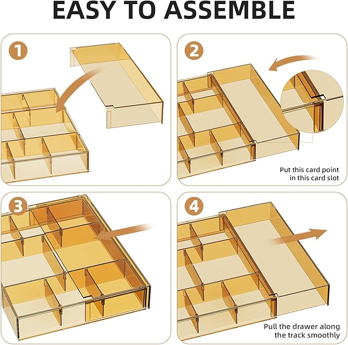 Marbrasse Expandable Desk Drawer Organizer, Clear Plastic Drawer Organizer Tray with 10 Adjustable Compartments, Desk Organizers and Accessories, 5 Drawer Dividers for Office Supplies(Clear Champagne) - Image 7