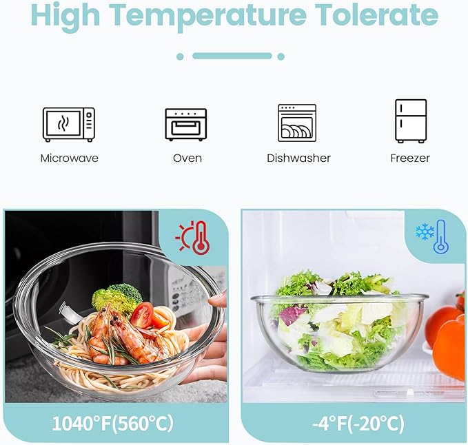 Luvan Borosilicate Clear Glass Mixing Bowls with Lids Set of 4 (0.53qt, 1.1qt, 2.1qt, 3.7qt), Space Saving Nesting Bowls Large Kitchen Salad Bowls for Meal Preping,Baking,Mixing,Dishwasher Safe - Image 4