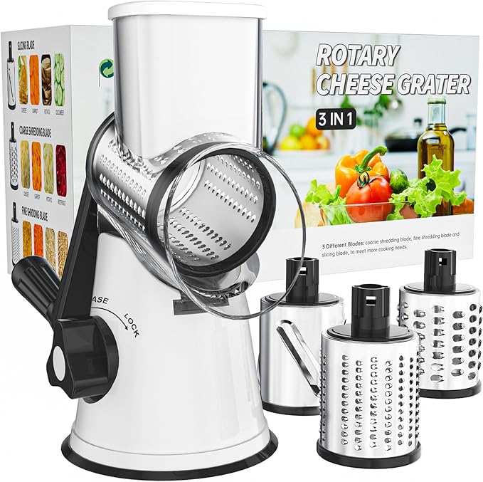 Cambom Rotary Cheese Grater Hand Crank Cheese Shredder for Fresh Cheese, Vegetable, Nuts,Non-slip Suction Base, Free Cleaning Brush Three Blades, White and Black by Cambom