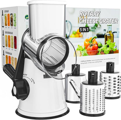 Cambom Rotary Cheese Grater Hand Crank Cheese Shredder for Fresh Cheese, Vegetable, Nuts,Non-slip Suction Base, Free Cleaning Brush Three Blades, White and Black by Cambom