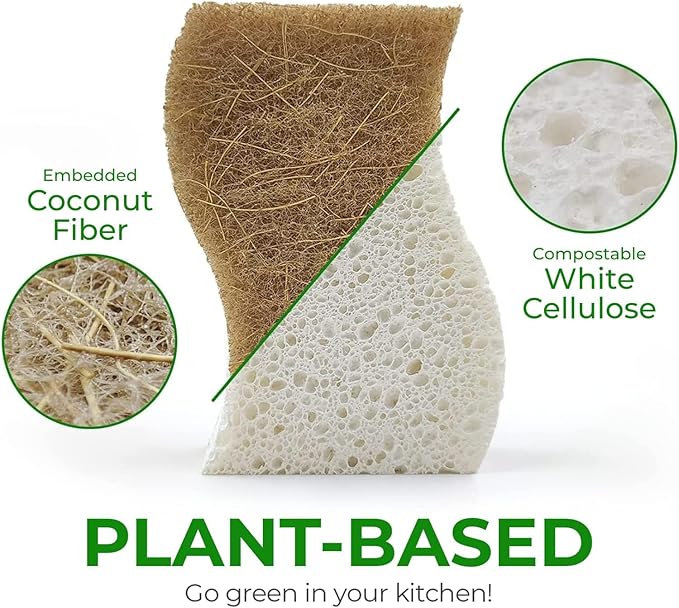 AIRNEX Natural Kitchen Sponges (24 Pack) - Biodegradable Cellulose & Coconut Scrubber Dish Sponges for Kitchen - Eco-Friendly, Non Scratch, Compostable, Non Toxic S-Shaped Natural Sponges for Dishes - Image 2
