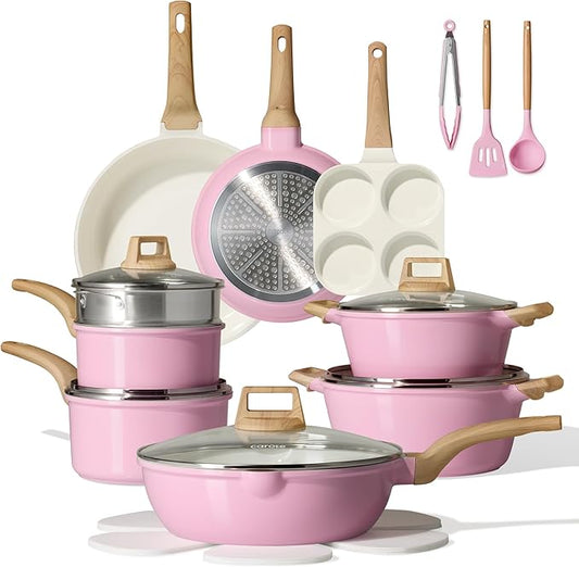 CAROTE 21 PCS Ceramic Cookware Set, Pots and Pans Set Non Stick, Pot and Pan Set with Frying pan, Induction Ready Cooking Set for Kitchen, PFOS/PFOA/PFAS Free, Pink