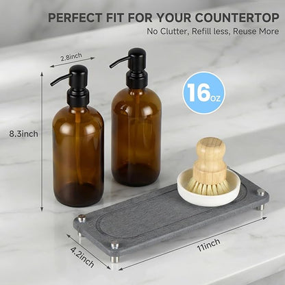 2 Pack Kitchen Soap Dispenser Set - 16oz Amber Glass Dish and Hand Soap Dispenser with Stainless Steel Pump, Instant Dry Tray, Dish Brush & Holder, Refillable Countertop Sink Decor for Kitchen & Bath - Image 5