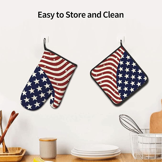 Patriotic Oven Mitts - American Flag Kitchen Mitts Pot Holders 4th of July Hot Mitts Independence Memorial Day Hot Pads Sets of 2 for Cooking Baking Grilling - Image 6