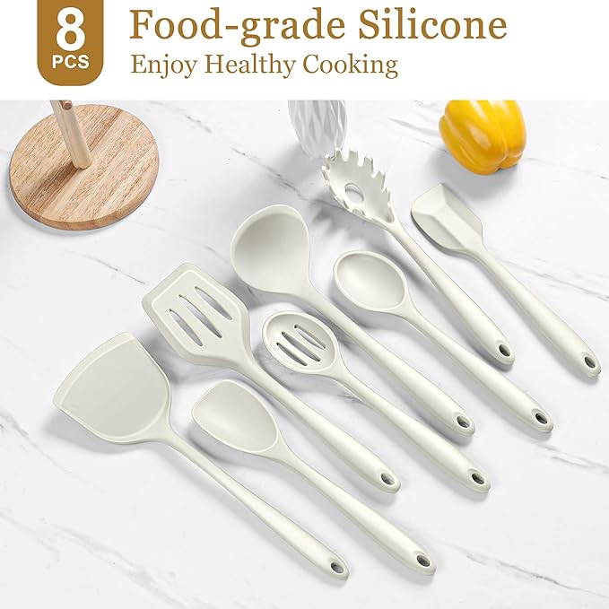 LIANYU 8Pcs Kitchen Cooking Utensils Set, Silicone Utensil Sets, Heat Resistant Kitchen Gadgets Essentials for Nonstick Cookware with Spatula, Spoon, Tuner, Ladle, Dishwasher Safe, White - Image 3