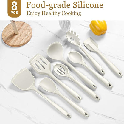 LIANYU 8Pcs Kitchen Cooking Utensils Set, Silicone Utensil Sets, Heat Resistant Kitchen Gadgets Essentials for Nonstick Cookware with Spatula, Spoon, Tuner, Ladle, Dishwasher Safe, White - Image 3