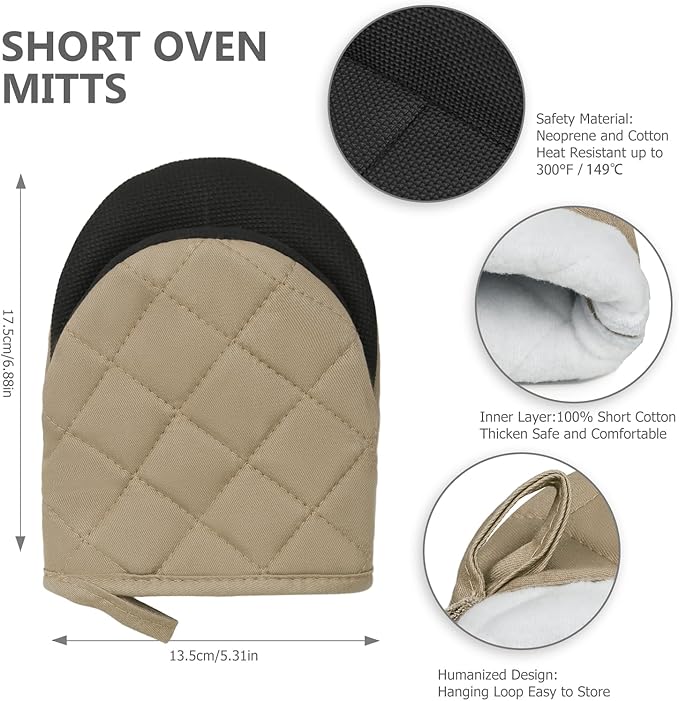 1 Pair Short Oven Mitts - Silicone Kitchen Oven Gloves High Heat Resistant 500℉, Mini Oven Mits with Non-Slip Grip Surfaces and Hanging Loop for BBQ, Baking, Cooking and Grilling (Coffee) - Image 3