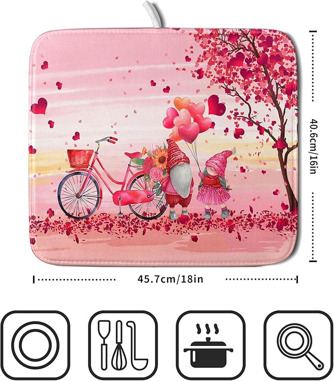 Pink Heart Valentine's Day Gnomes Dish Drying Mat for Kitchen Counter,Pink Bicycle Love Tree Drying Mat 16 x 18 Inch with Absorbent Reversible Microfiber Dish Drying Pad Dish Rack Pad for Coffee Bar - Image 2