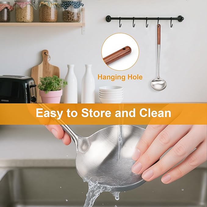 FJNATINH Soup Ladle, Metal Ladle Stainless Steel for Soup Sauces, Kitchen Ladle Spoon with Heat-proof Wooden Handle, Easy to Clean - Image 6