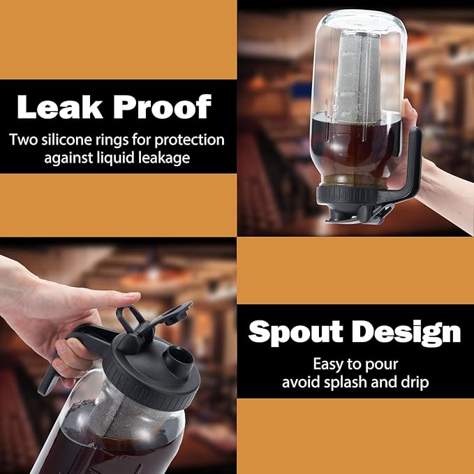 Cold Brew Mason Coffee Maker - 64oz Iced Coffee Pitcher with Stainless Steel Mixing Spoon & Super Dense Filter 3 Steps Finish Cold Brew Coffee, Classic BPA Free Sturdy Mason jar Pitcher Easy to Clean - Image 4