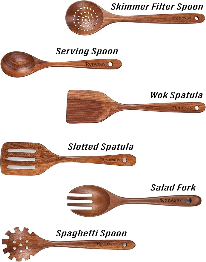 6-Piece Teak Wooden Kitchen Utensil Set – Nonstick Safe Cooking Spoons & Spatulas, Heat Resistant, Durable Natural Wood, Comfortable Grip Handles