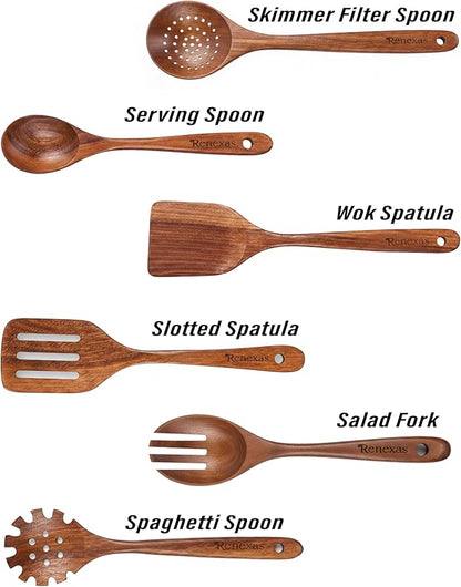 6-Piece Teak Wooden Kitchen Utensil Set – Nonstick Safe Cooking Spoons & Spatulas, Heat Resistant, Durable Natural Wood, Comfortable Grip Handles