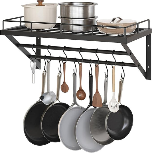 YATINEY Wall Mounted Pot Rack, 23.8 Inch Pot and Pan Organizer with 2 Tier Hanging Rails, 12 S-Hooks, Metal Pot Rack for Kitchen Cookware Organizer, Space Saving, for Kitchen Utensils, Black PR01BK by Yatiney