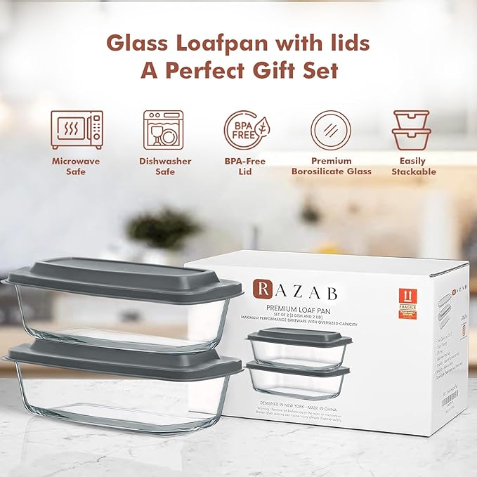 Razab LARGE 7.6 Cups/1800 ML/1.9 Qt Glass Loaf Pan with Lids (Set of 2) - Meatloaf Pan BPA free Airtight Lids Grip Handle Easy Carry, Microwave and Oven Safe - Loaf Pans For Baking Bread, Cakes - Image 7