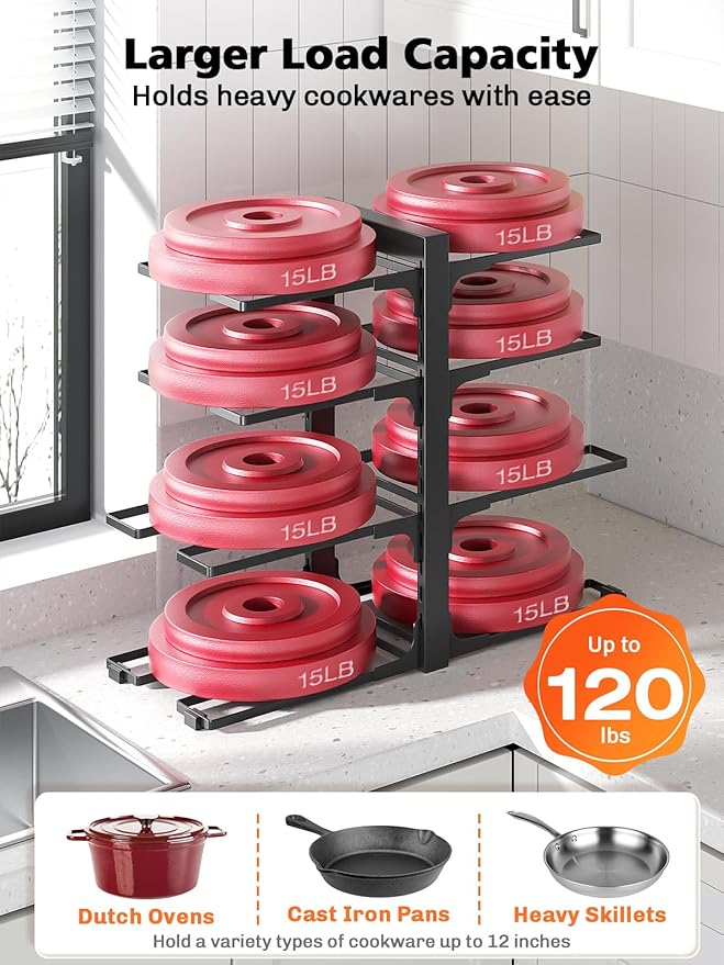 MUDEELA 8-Tier Pots and Pans Organizer under Cabinet, 15.83" Height Heavy Duty Pot Pan Organizer Kitchen Cabinet Organization and Storage, Adjustable Pot Rack for Frying Pan, Cast Iron Skillet, Black - Image 4