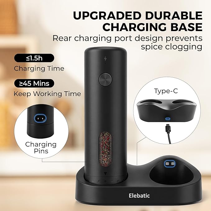 110ml Electric Salt and Pepper Grinder Set, Rechargeable salt and pepper shakers with LED Light, 2-Pack with Charging Base, External 6 Adjustable Coarseness, Holiday Gifts