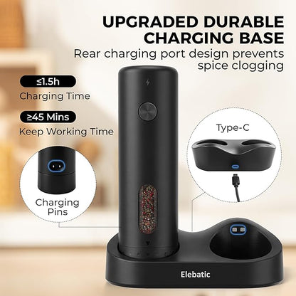 110ml Electric Salt and Pepper Grinder Set, Rechargeable salt and pepper shakers with LED Light, 2-Pack with Charging Base, External 6 Adjustable Coarseness, Holiday Gifts