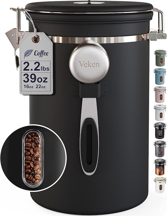 Veken Large Coffee Canister with Window, Kitchen Food Storage Airtight Stainless Steel Container for 2.2lbs Coffee Beans, Grounds, Rice,Tea, Flour, Cereal, Sugar Jars,Date Tracker and Scoop 39oz,Black by Veken